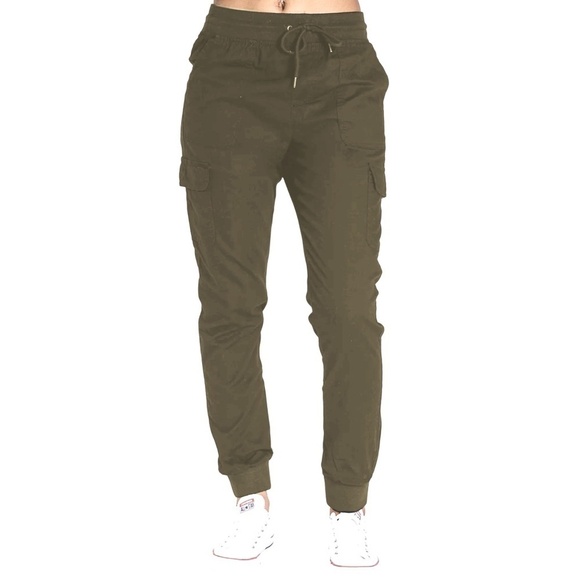 HARLOW Combat Cargo Jogger Pants Khaki Army Green Ribbed Waist Leg Cuffs Fitness - Picture 12 of 14